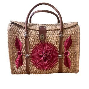 Vtg 70s Straw Woven Shopper Tote Beach Bag Rattan Flowers 15x15in Resort Coastal